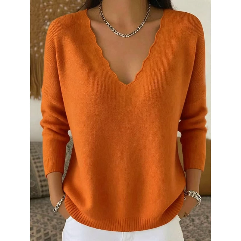 Knit Pullover Sweater Women's Scalloped V-Neck Long Sleeve Pink Top – Casual, Office, Gift