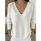 Knit Pullover Sweater Women's Scalloped V-Neck Long Sleeve Pink Top – Casual, Office, Gift