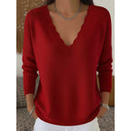 Knit Pullover Sweater Women's Scalloped V-Neck Long Sleeve Pink Top – Casual, Office, Gift