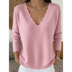 Knit Pullover Sweater Women's Scalloped V-Neck Long Sleeve Pink Top – Casual, Office, Gift