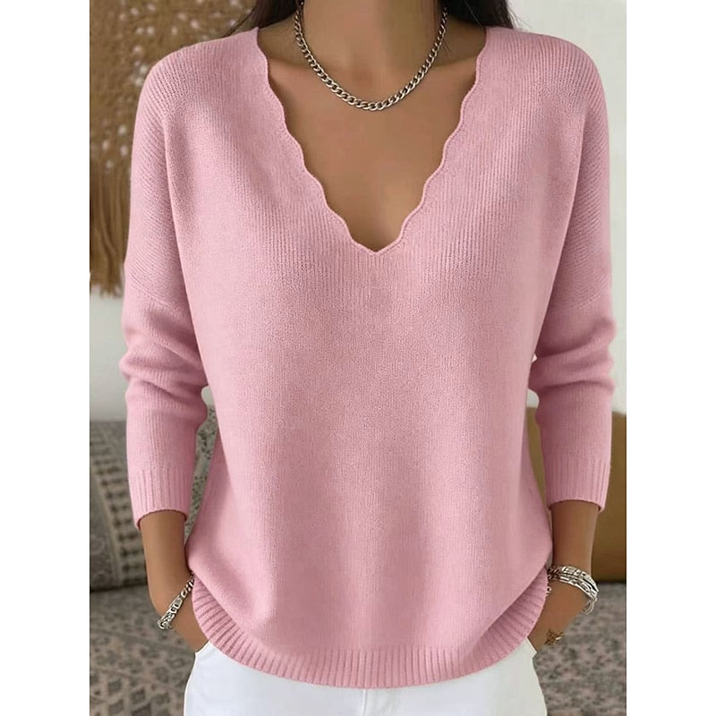 Knit Pullover Sweater Women's Scalloped V-Neck Long Sleeve Pink Top – Casual, Office, Gift