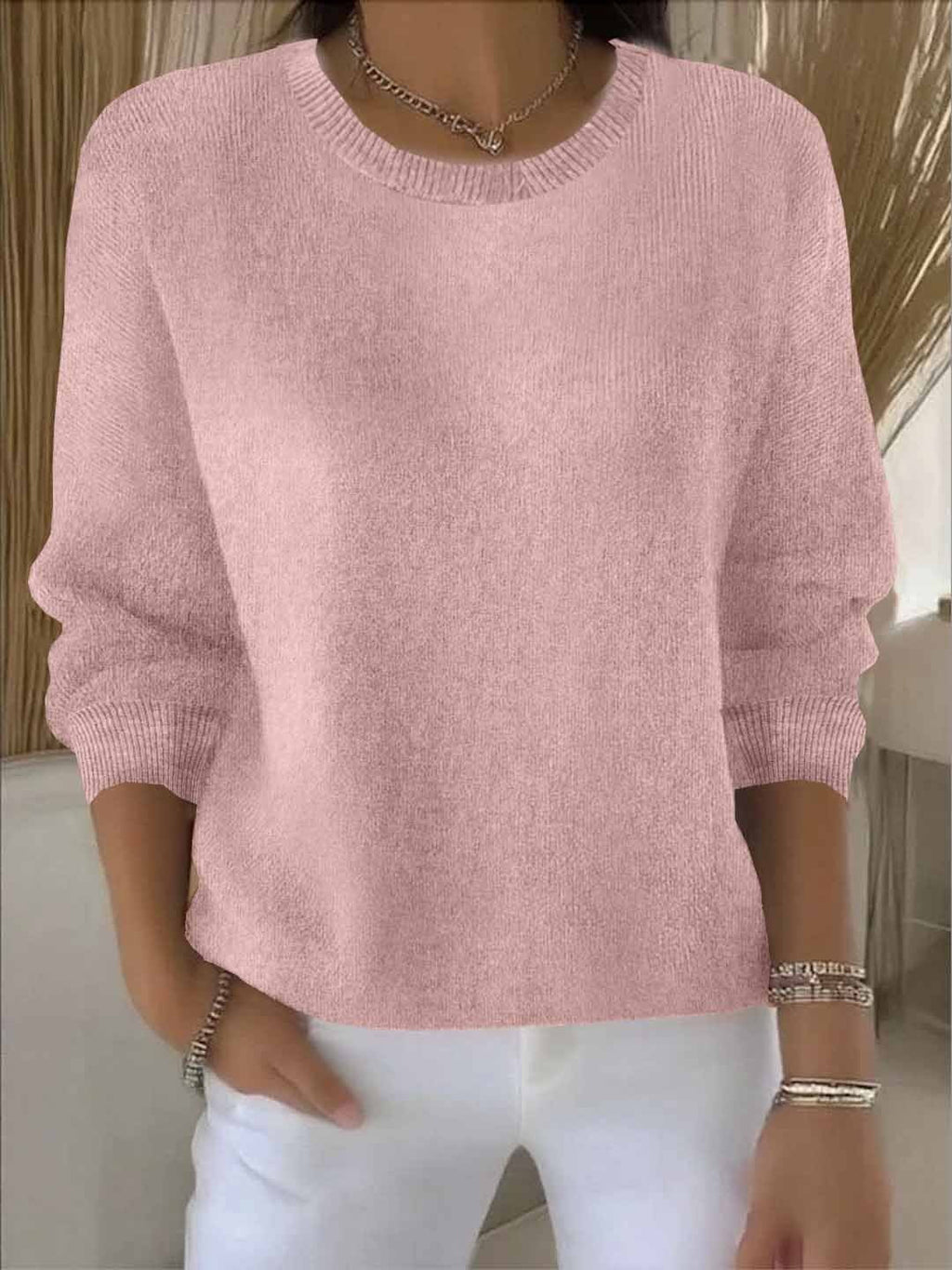Knit Pullover Sweater Women's Yellow Crew Neck Long Sleeve Relaxed Fit – Casual, Office