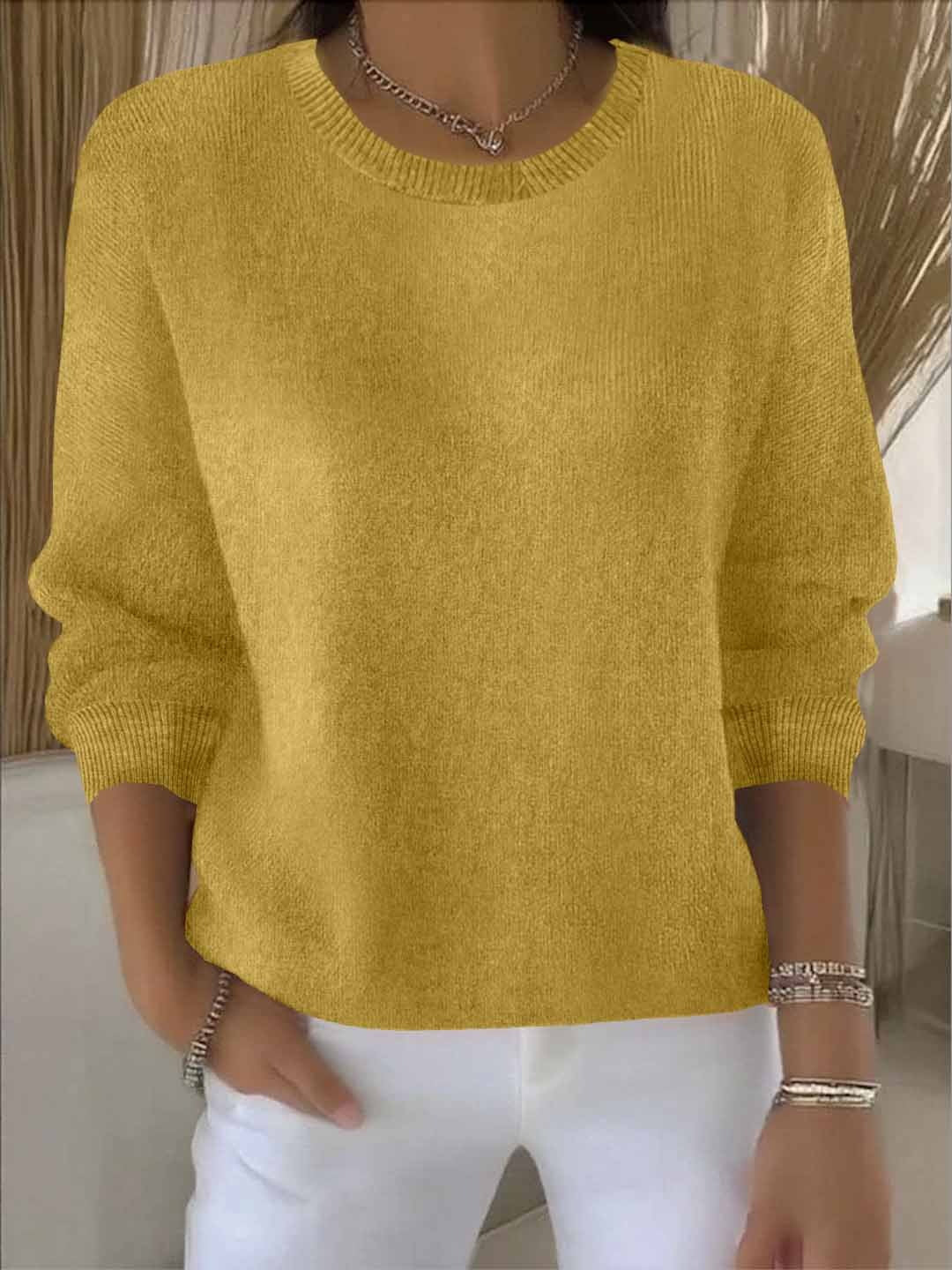 Knit Pullover Sweater Women's Yellow Crew Neck Long Sleeve Relaxed Fit – Casual, Office