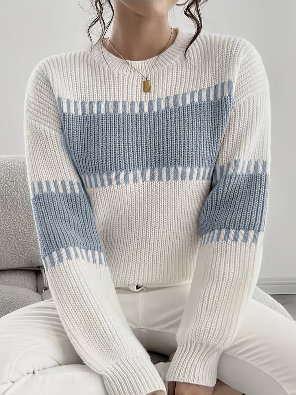 Knit Sweater Color-Block Striped Women's Ribbed Long Sleeve Pullover – Casual, Office