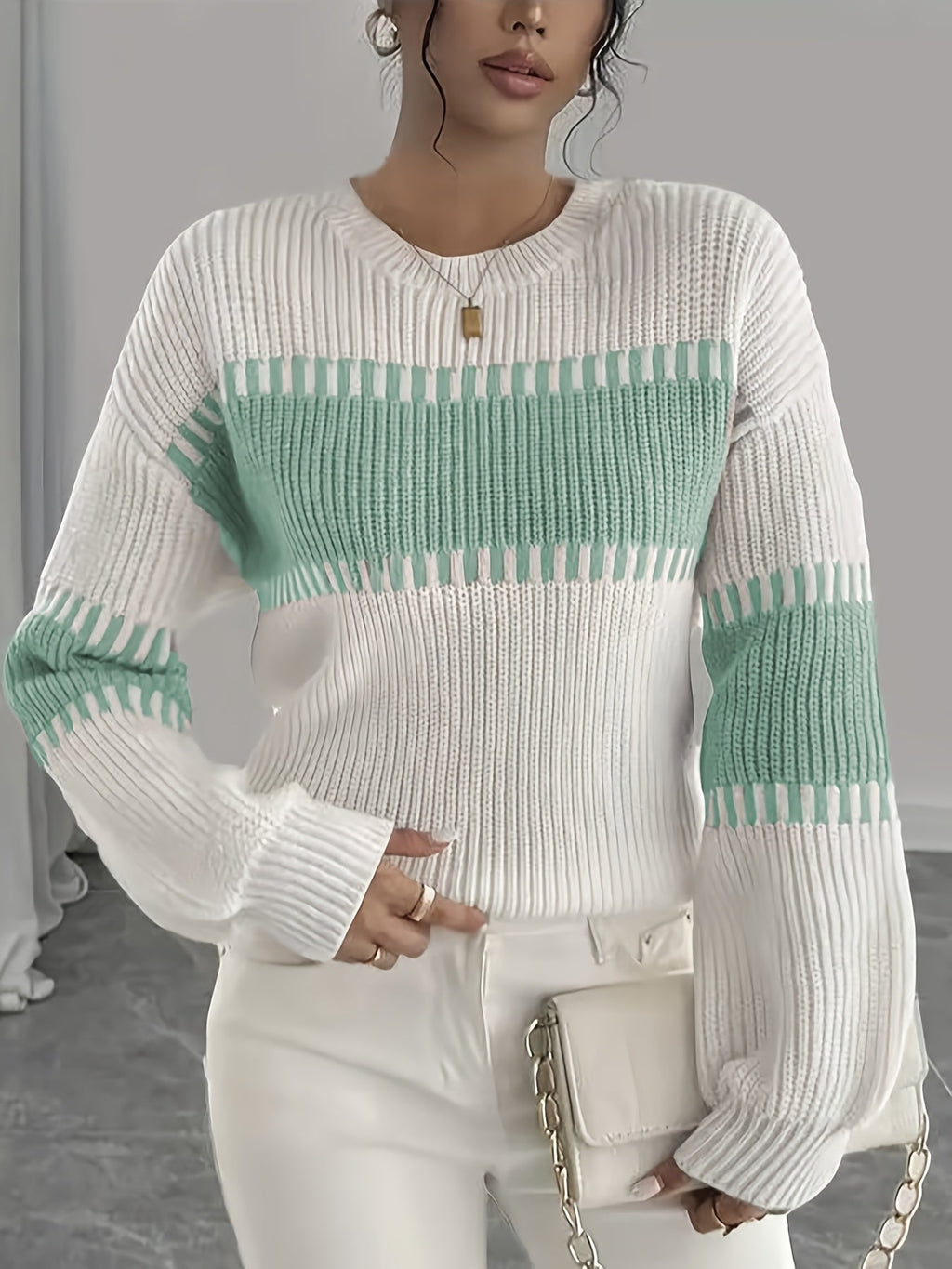Knit Sweater Color-Block Striped Women's Ribbed Long Sleeve Pullover – Casual, Office