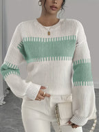 Knit Sweater Color-Block Striped Women's Ribbed Long Sleeve Pullover – Casual, Office