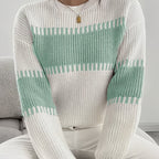 Knit Sweater Color-Block Striped Women's Ribbed Long Sleeve Pullover – Casual, Office