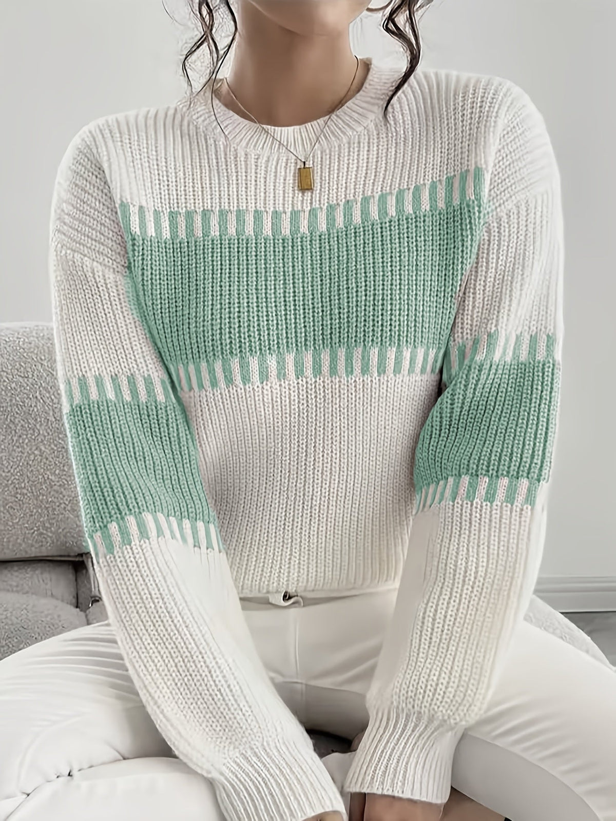 Knit Sweater Color-Block Striped Women's Ribbed Long Sleeve Pullover – Casual, Office