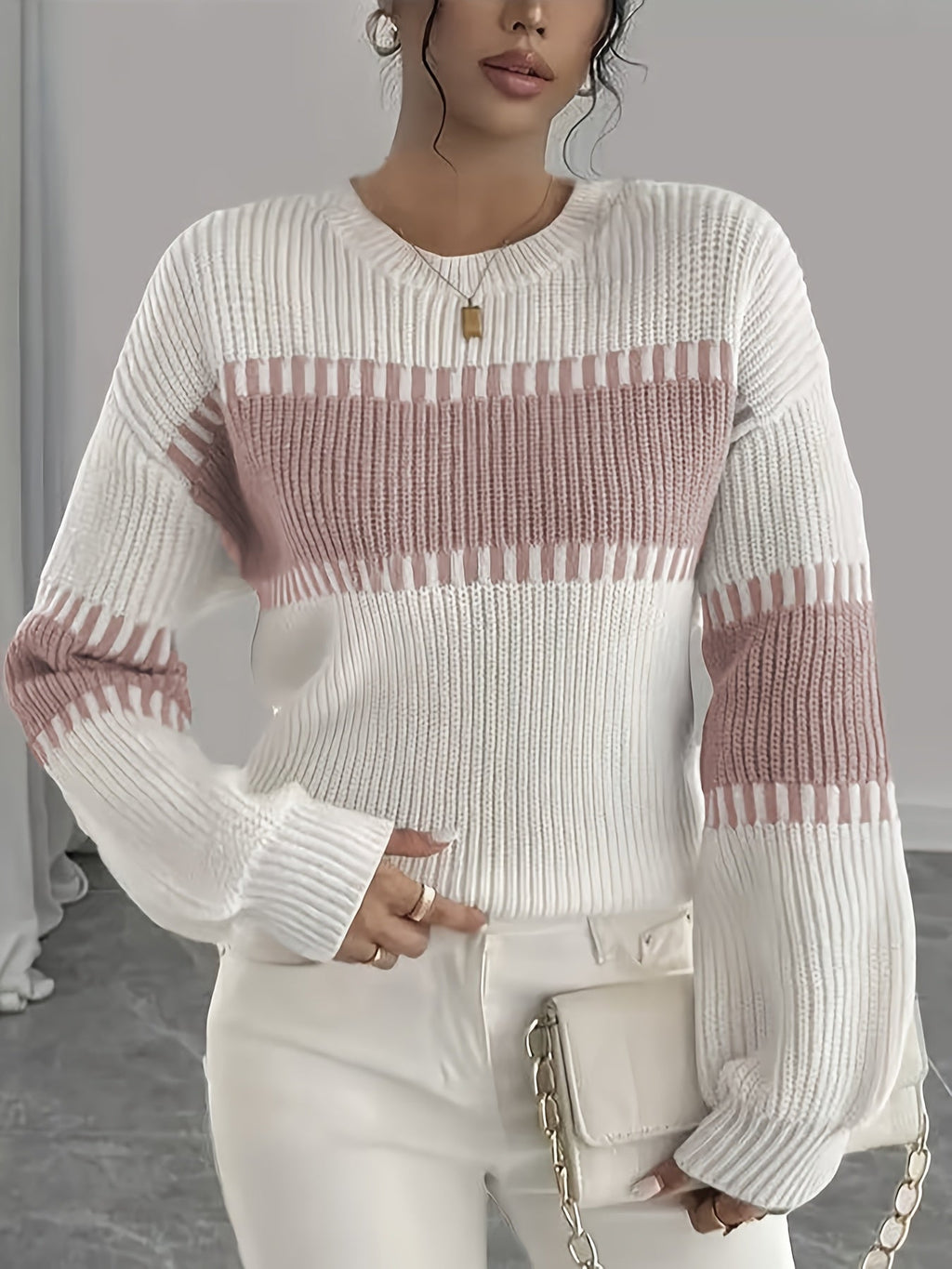 Knit Sweater Color-Block Striped Women's Ribbed Long Sleeve Pullover – Casual, Office