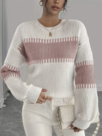 Knit Sweater Color-Block Striped Women's Ribbed Long Sleeve Pullover – Casual, Office