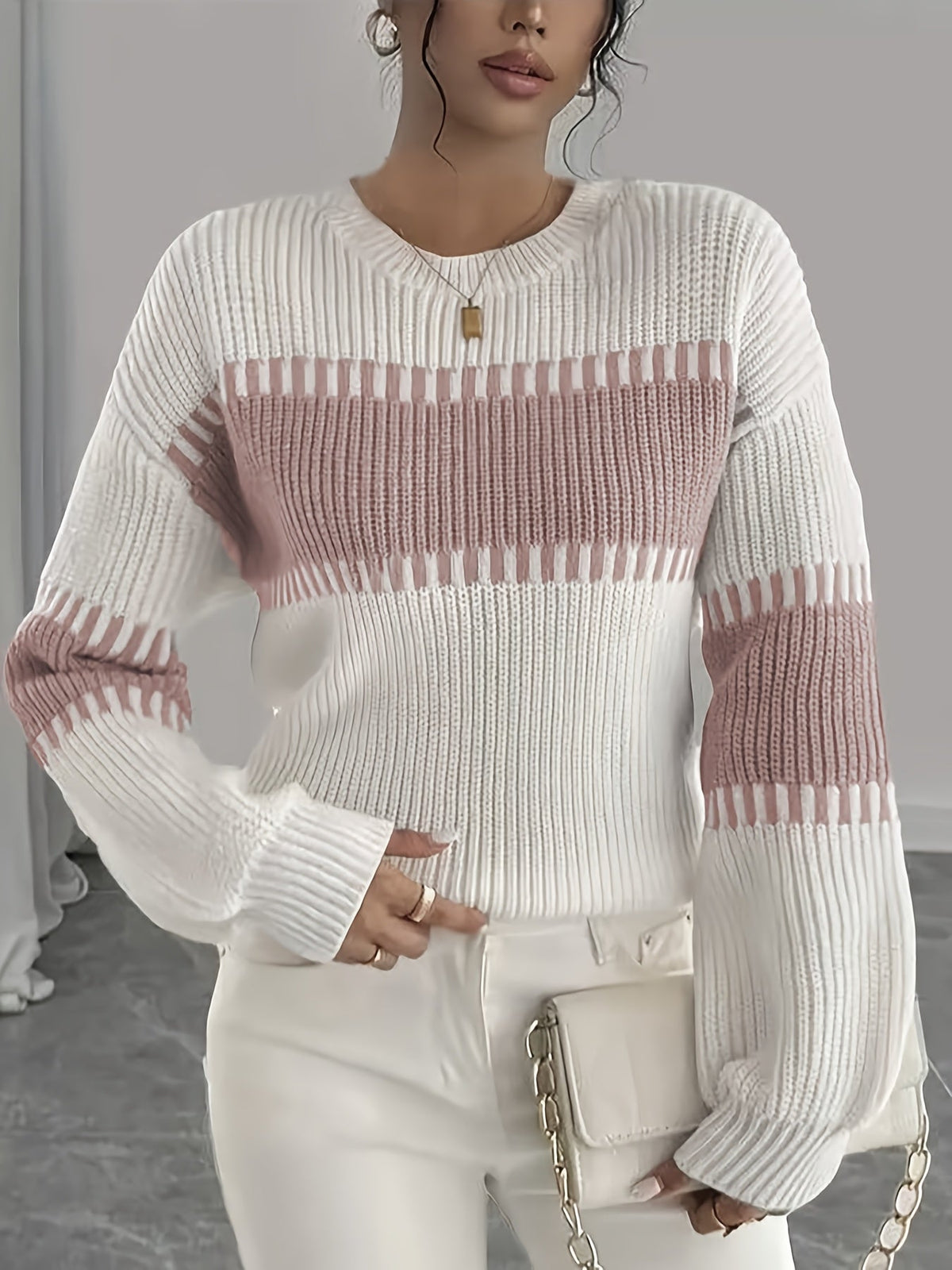 Knit Sweater Color-Block Striped Women's Ribbed Long Sleeve Pullover – Casual, Office