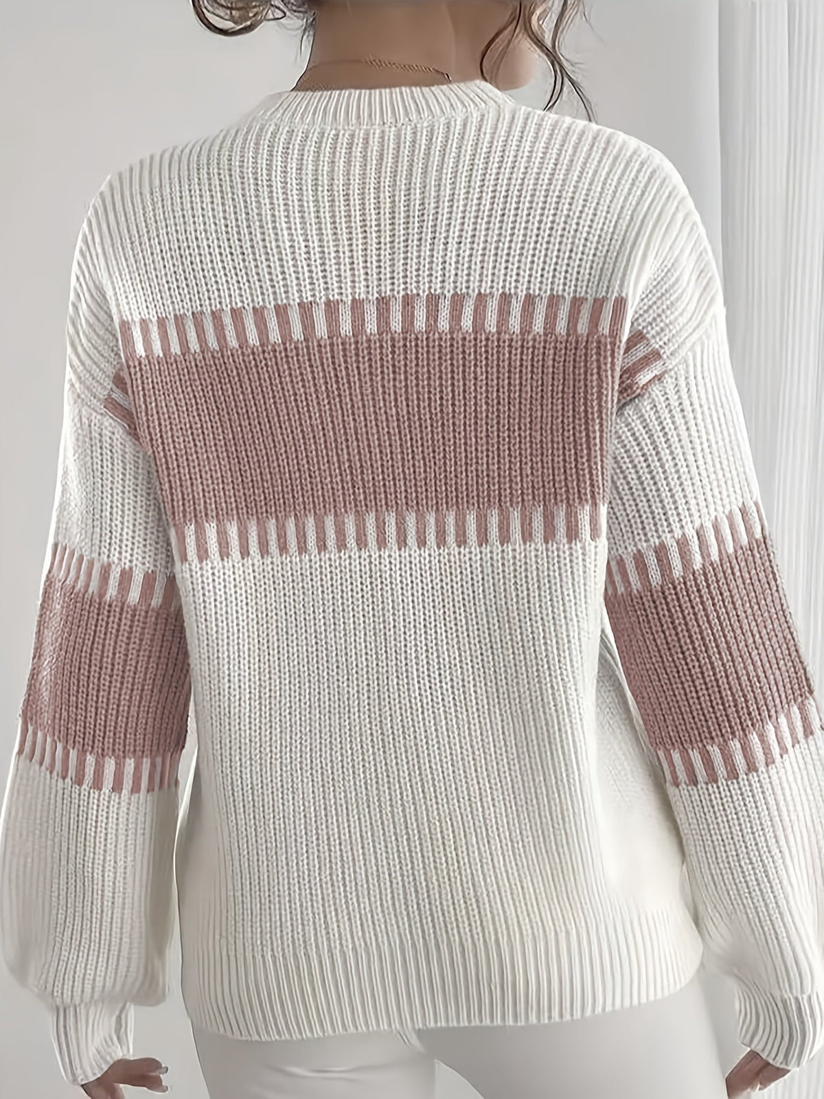 Knit Sweater Color-Block Striped Women's Ribbed Long Sleeve Pullover – Casual, Office