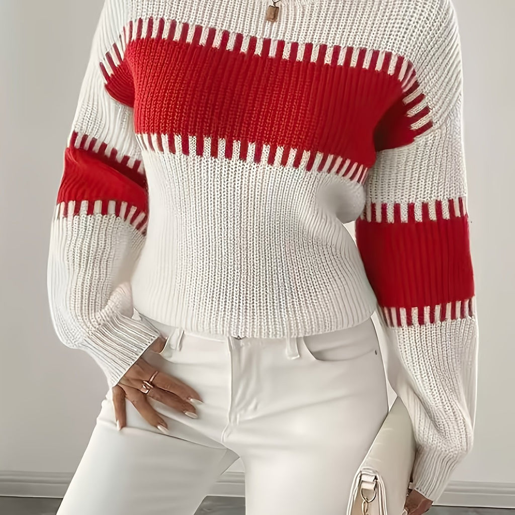 Knit Sweater Color-Block Striped Women's Ribbed Long Sleeve Pullover – Casual, Office