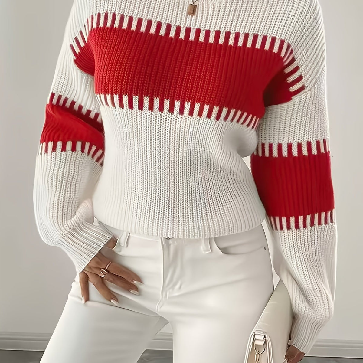 Knit Sweater Color-Block Striped Women's Ribbed Long Sleeve Pullover – Casual, Office