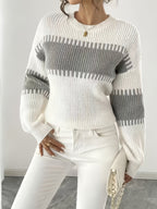 Knit Sweater Color-Block Striped Women's Ribbed Long Sleeve Pullover – Casual, Office