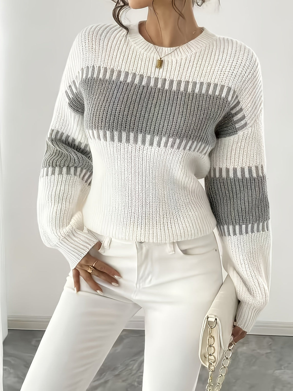 Knit Sweater Color-Block Striped Women's Ribbed Long Sleeve Pullover – Casual, Office