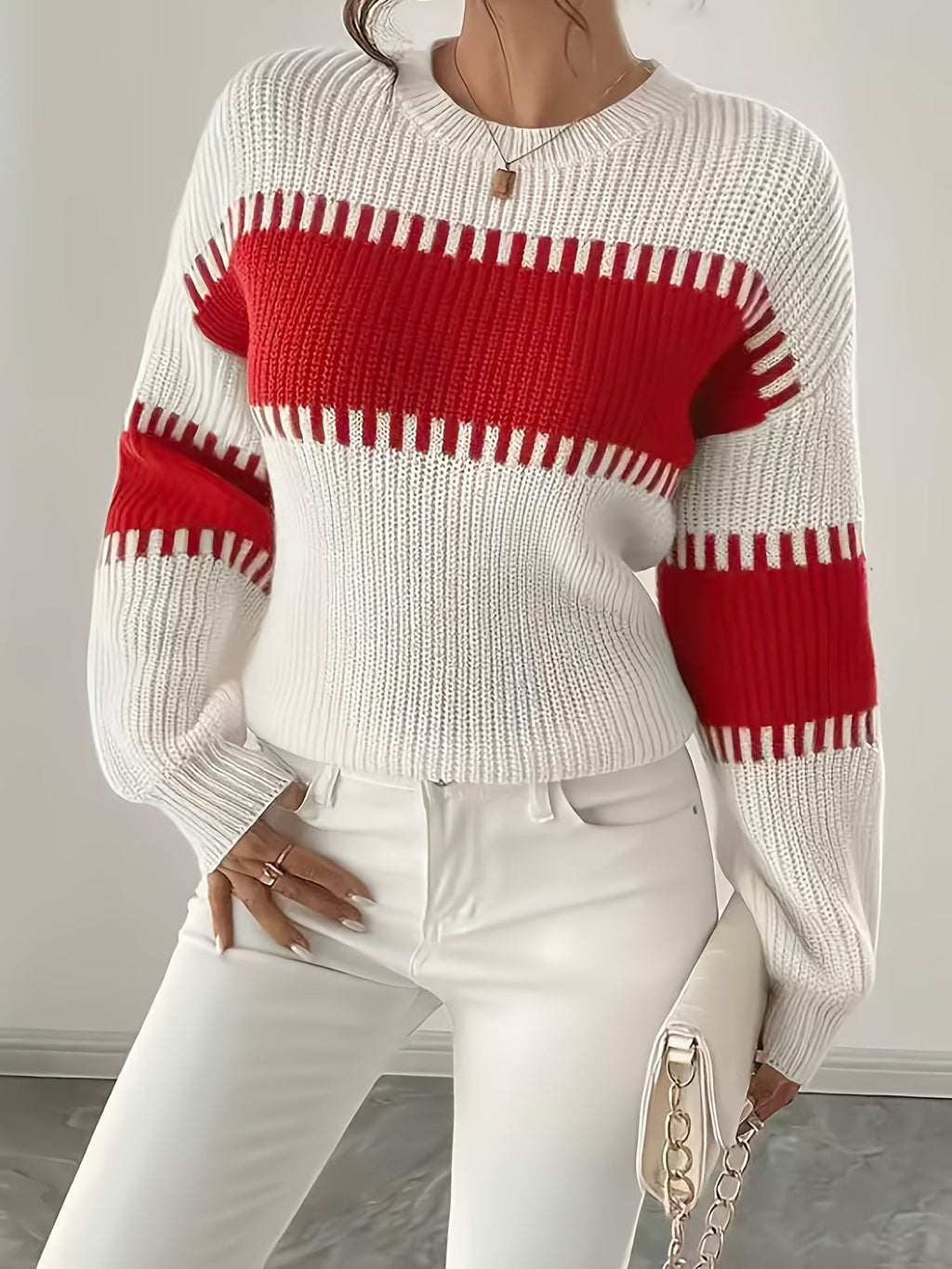 Knit Sweater Color-Block Striped Women's Ribbed Long Sleeve Pullover – Casual, Office