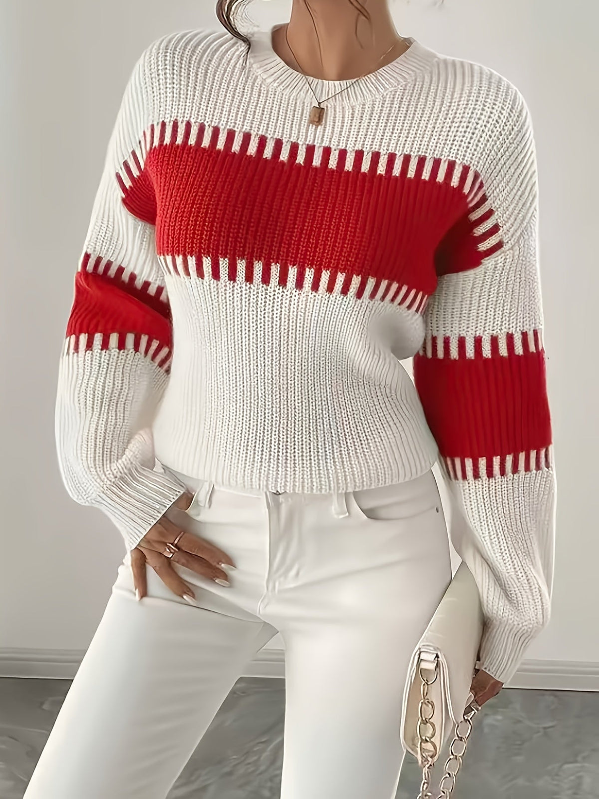 Knit Sweater Color-Block Striped Women's Ribbed Long Sleeve Pullover – Casual, Office