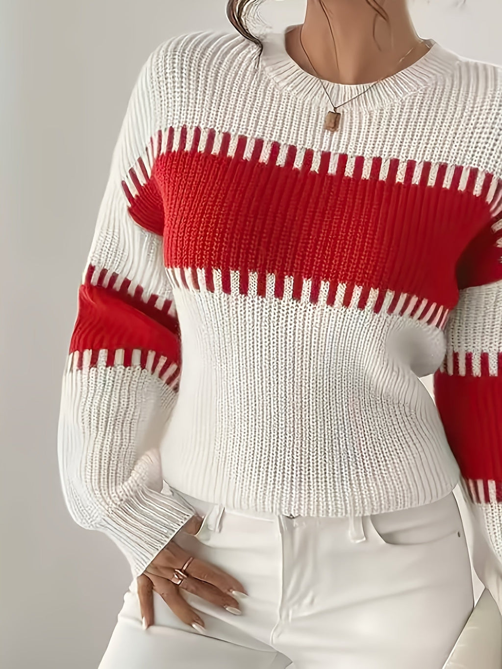 Knit Sweater Color-Block Striped Women's Ribbed Long Sleeve Pullover – Casual, Office