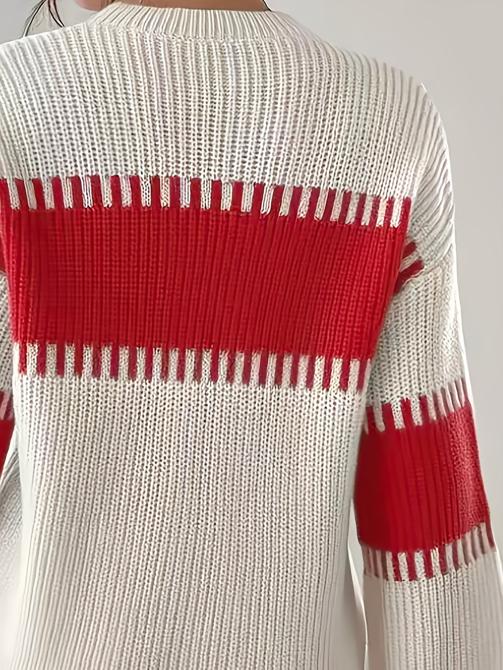 Knit Sweater Color-Block Striped Women's Ribbed Long Sleeve Pullover – Casual, Office