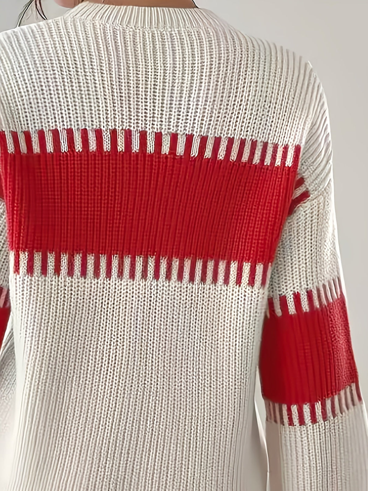 Knit Sweater Color-Block Striped Women's Ribbed Long Sleeve Pullover – Casual, Office