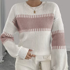 Knit Sweater Color-Block Striped Women's Ribbed Long Sleeve Pullover – Casual, Office
