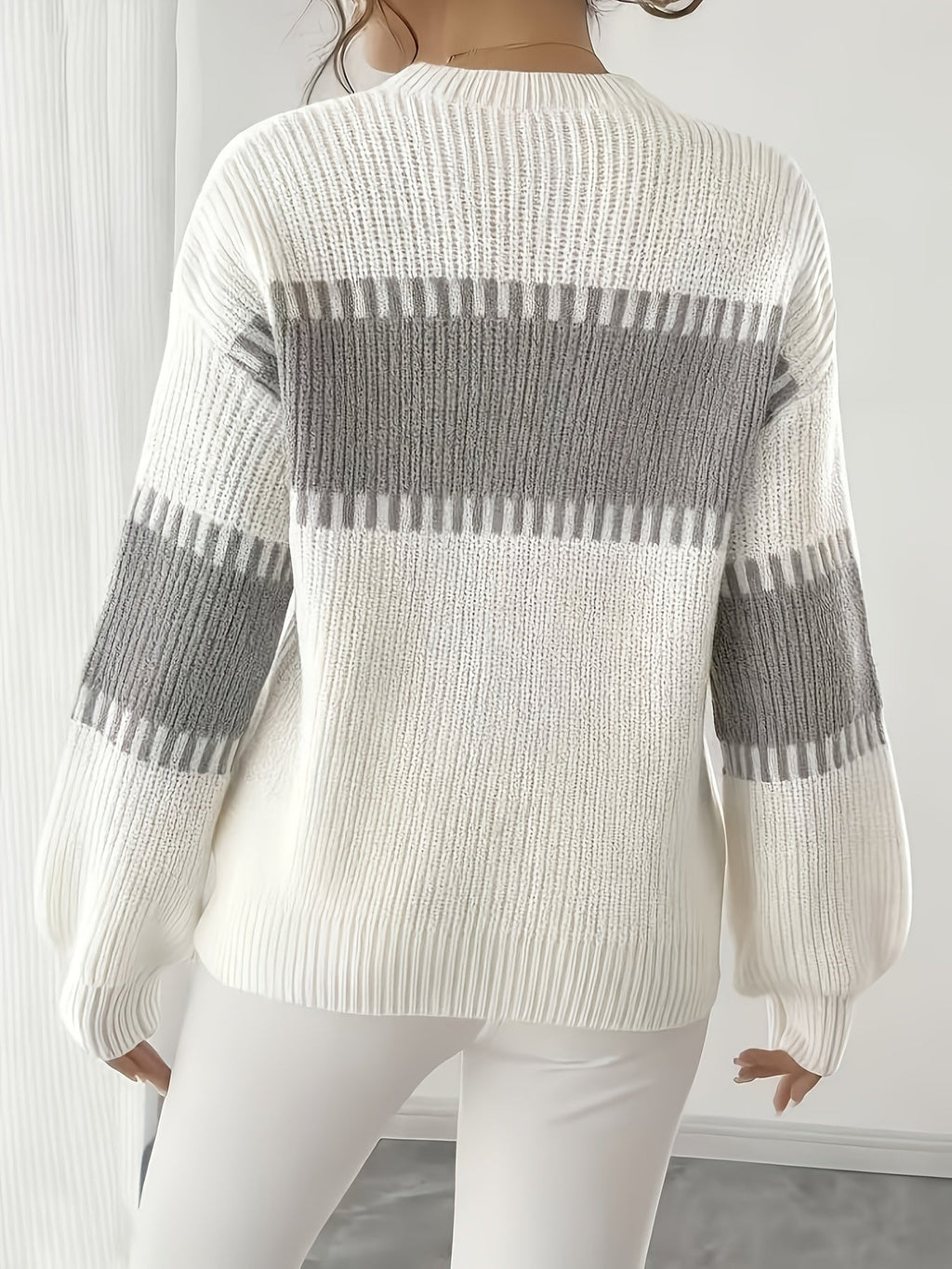 Knit Sweater Color-Block Striped Women's Ribbed Long Sleeve Pullover – Casual, Office