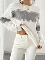 Knit Sweater Color-Block Striped Women's Ribbed Long Sleeve Pullover – Casual, Office