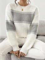 Knit Sweater Color-Block Striped Women's Ribbed Long Sleeve Pullover – Casual, Office