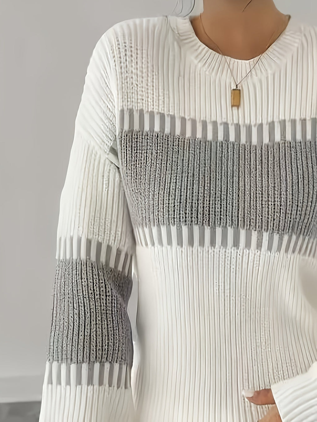 Knit Sweater Color-Block Striped Women's Ribbed Long Sleeve Pullover – Casual, Office