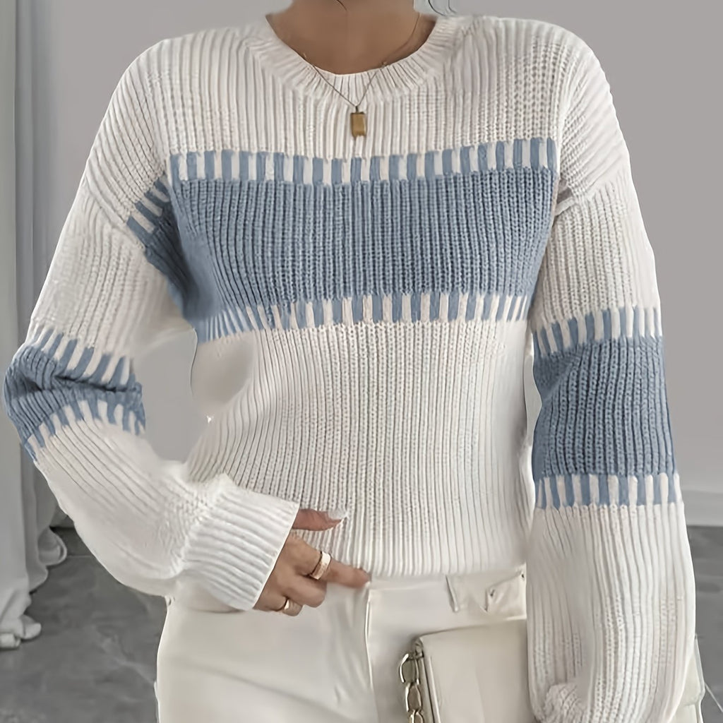 Knit Sweater Color-Block Striped Women's Ribbed Long Sleeve Pullover – Casual, Office