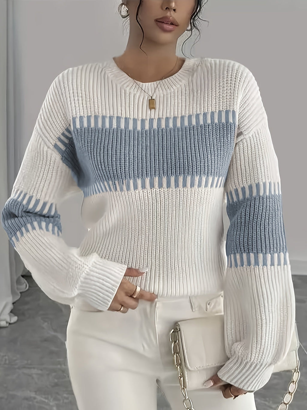 Knit Sweater Color-Block Striped Women's Ribbed Long Sleeve Pullover – Casual, Office