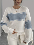 Knit Sweater Color-Block Striped Women's Ribbed Long Sleeve Pullover – Casual, Office