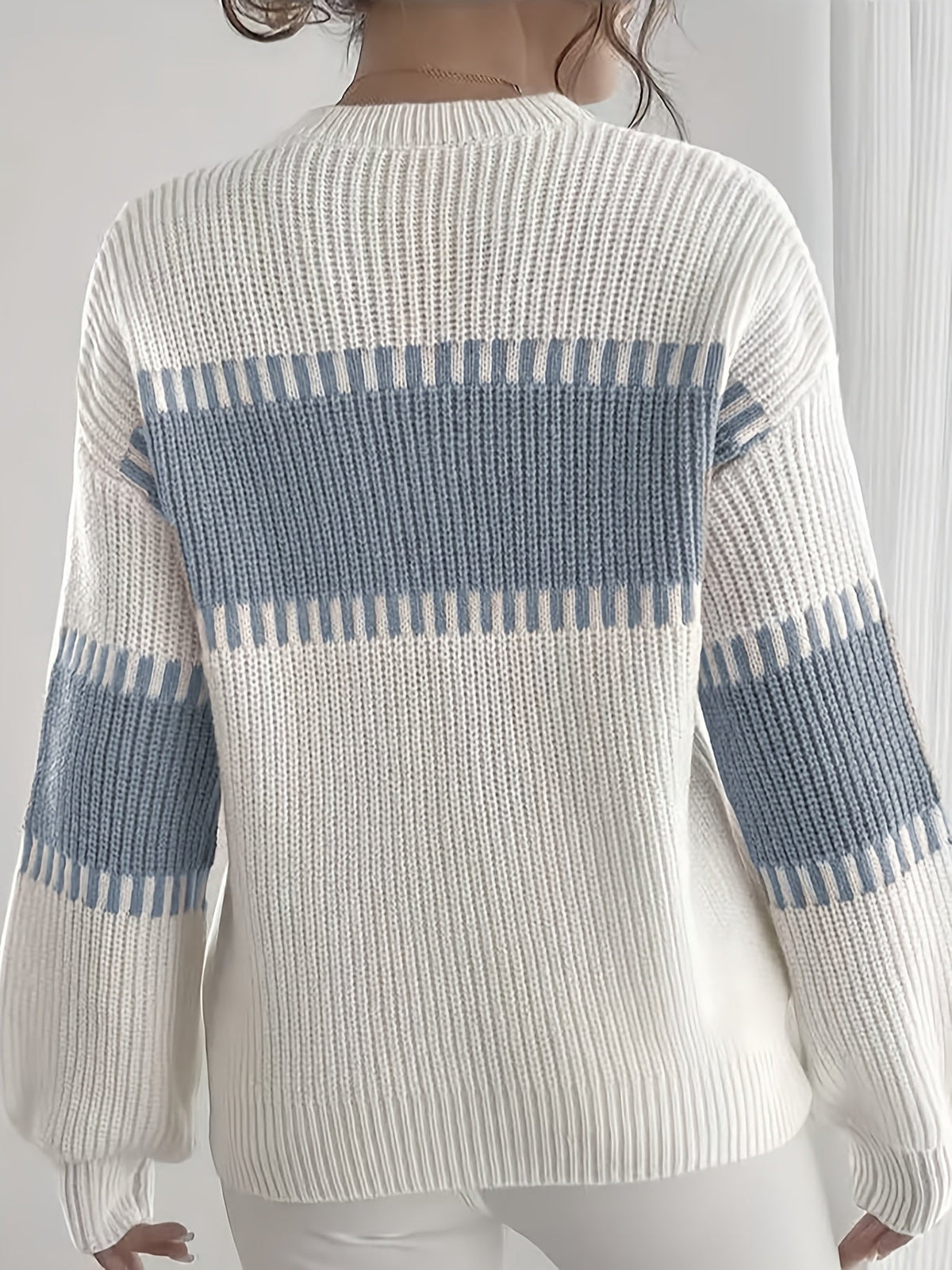 Knit Sweater Color-Block Striped Women's Ribbed Long Sleeve Pullover – Casual, Office