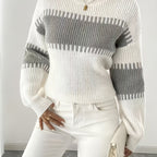 Knit Sweater Color-Block Striped Women's Ribbed Long Sleeve Pullover – Casual, Office