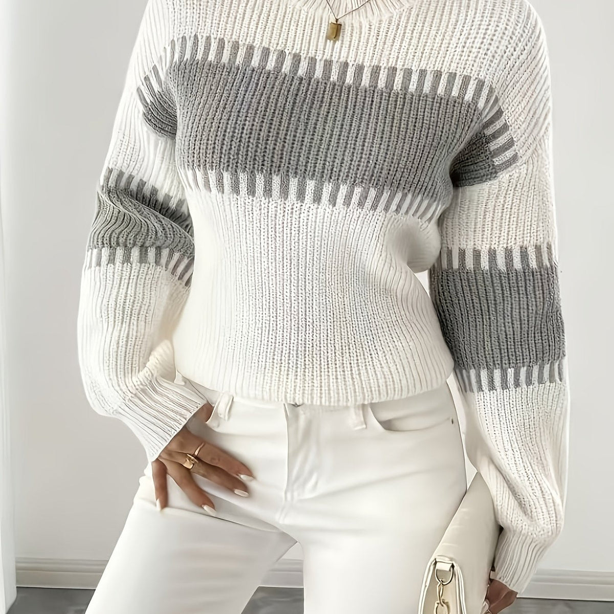 Knit Sweater Color-Block Striped Women's Ribbed Long Sleeve Pullover – Casual, Office