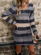 Knit Sweater Dress Color-Block Long Sleeve V-Neck Women's – Casual, Office · Faylori