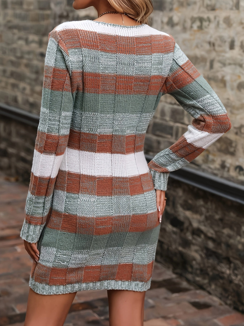 Knit Sweater Dress Color-Block Long Sleeve V-Neck Women's – Casual, Office · Faylori