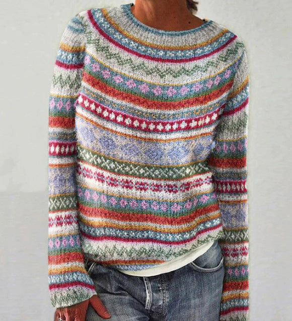 Knit Sweater Multicolor Striped Boat Neck Women's Long Sleeve Pullover – Casual, Office, Holiday, Gift