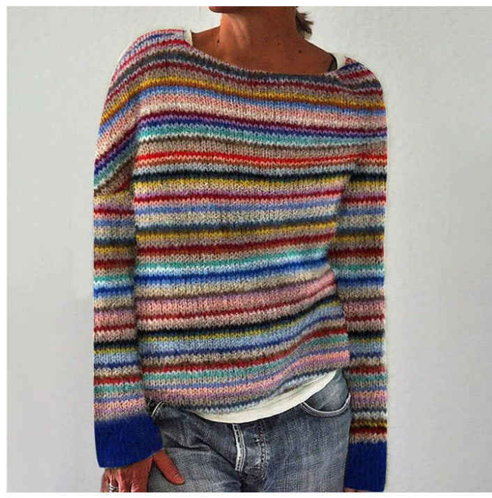 Knit Sweater Multicolor Striped Boat Neck Women's Long Sleeve Pullover – Casual, Office, Holiday, Gift