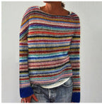 Knit Sweater Multicolor Striped Boat Neck Women's Long Sleeve Pullover – Casual, Office, Holiday, Gift