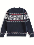 Knit Sweater Nordic Snowflake Pattern Crew Neck Men's Navy – Casual, Holiday, Gift