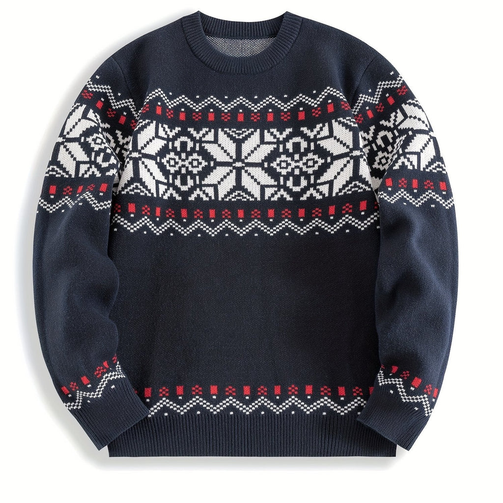 Knit Sweater Nordic Snowflake Pattern Crew Neck Men's Navy – Casual, Holiday, Gift