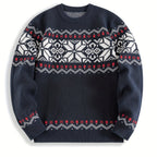 Knit Sweater Nordic Snowflake Pattern Crew Neck Men's Navy – Casual, Holiday, Gift