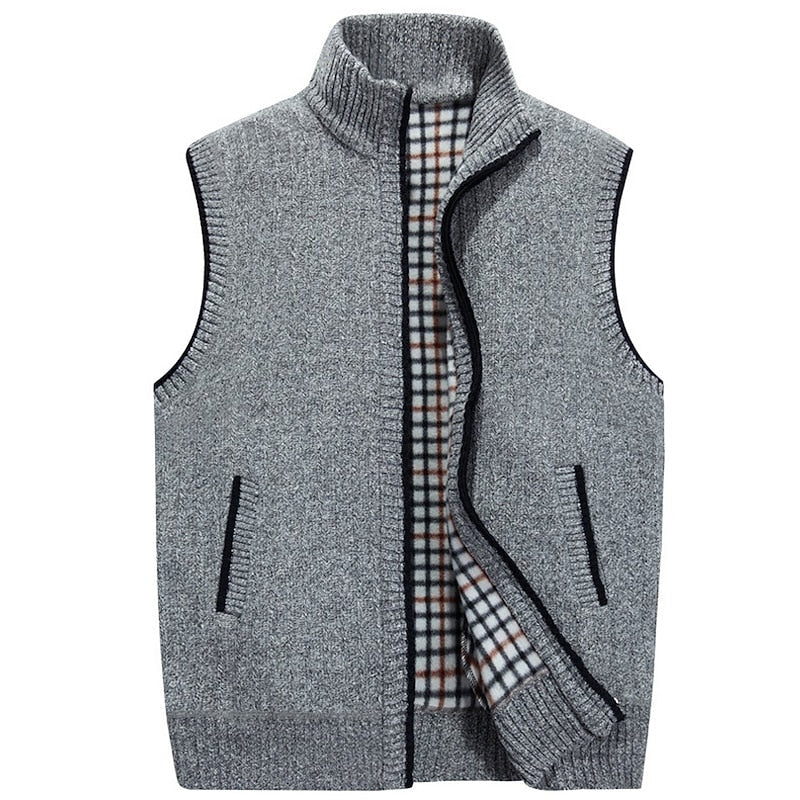 Knit Sweater Vest Men's Stand Collar Zip-Up Fleece Lined Sleeveless Cardigan Gray – Casual, Office, Gift