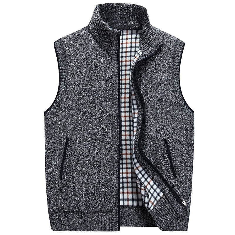 Knit Sweater Vest Men's Stand Collar Zip-Up Fleece Lined Sleeveless Cardigan Gray – Casual, Office, Gift