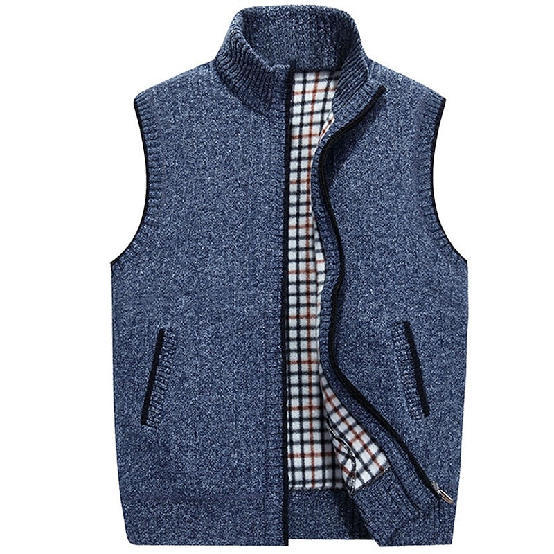Knit Sweater Vest Men's Stand Collar Zip-Up Fleece Lined Sleeveless Cardigan Gray – Casual, Office, Gift