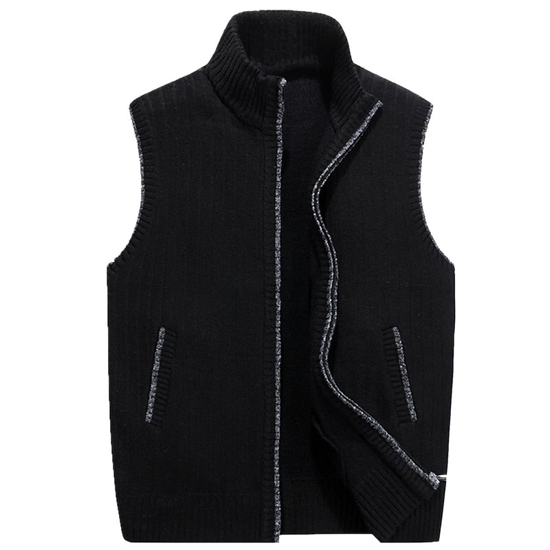Knit Sweater Vest Men's Stand Collar Zip-Up Fleece Lined Sleeveless Cardigan Gray – Casual, Office, Gift