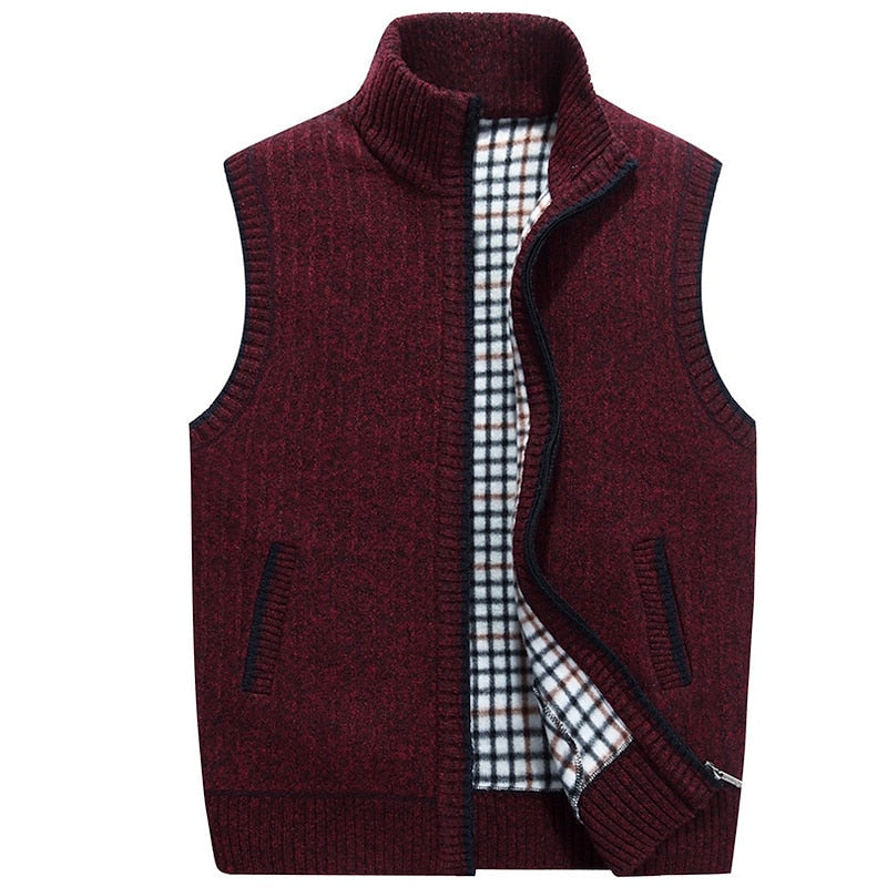 Knit Sweater Vest Men's Stand Collar Zip-Up Fleece Lined Sleeveless Cardigan Gray – Casual, Office, Gift