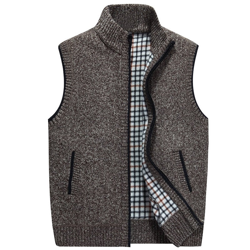 Knit Sweater Vest Men's Stand Collar Zip-Up Fleece Lined Sleeveless Cardigan Gray – Casual, Office, Gift